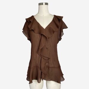 Vintage Y2K Bethany Brown sheer crinkled chiffon ruffle front top office siren L